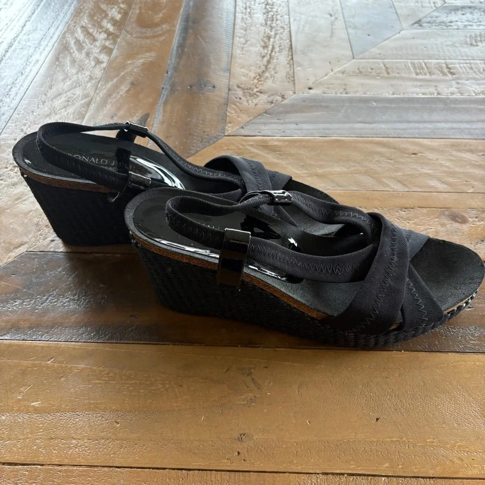 $198 DONALD PLINER Bowie Black Wedge Woven Sandals Cork Leather Made in Spain 9M